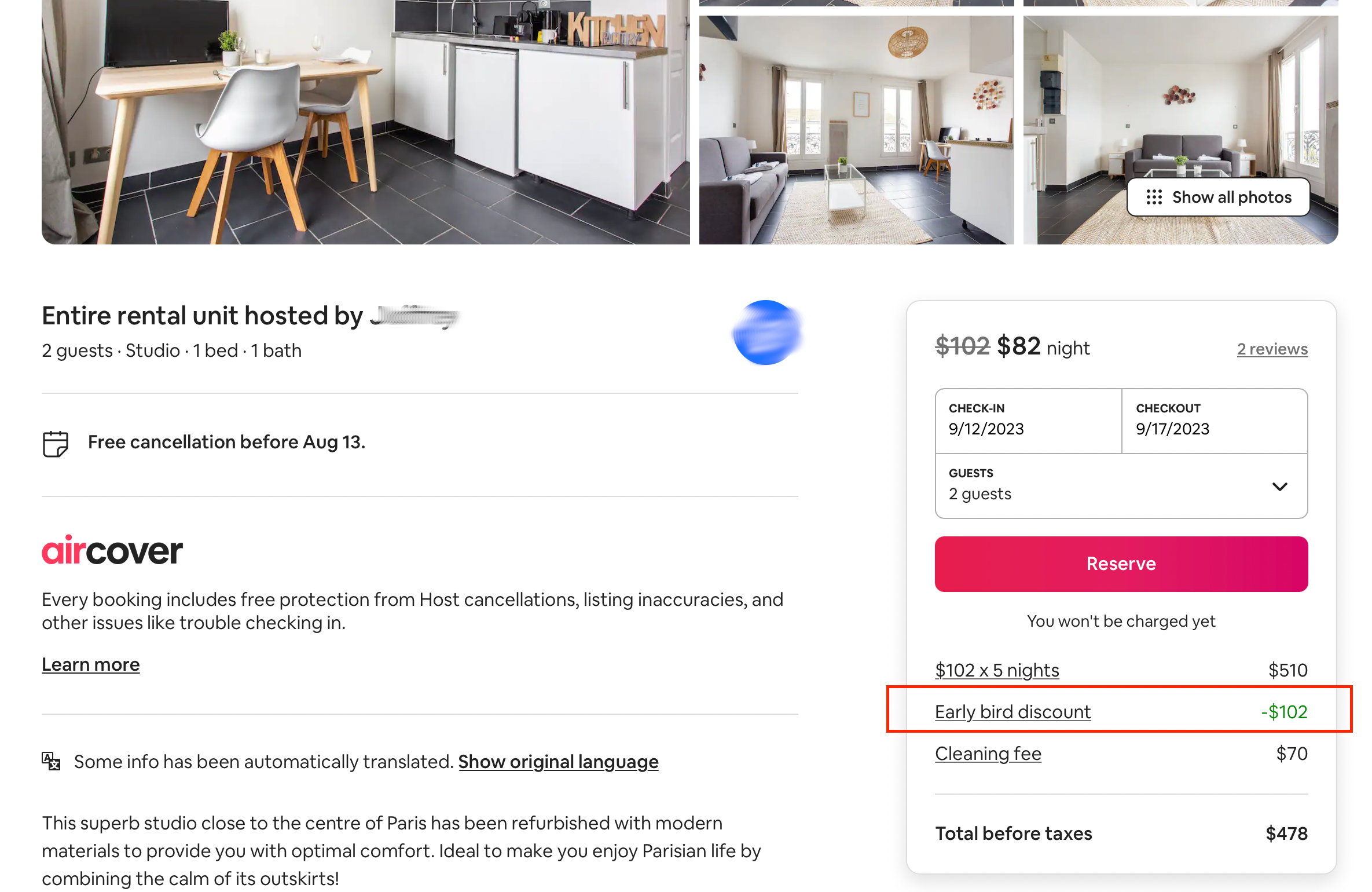 Airbnb Early Bird Discount example