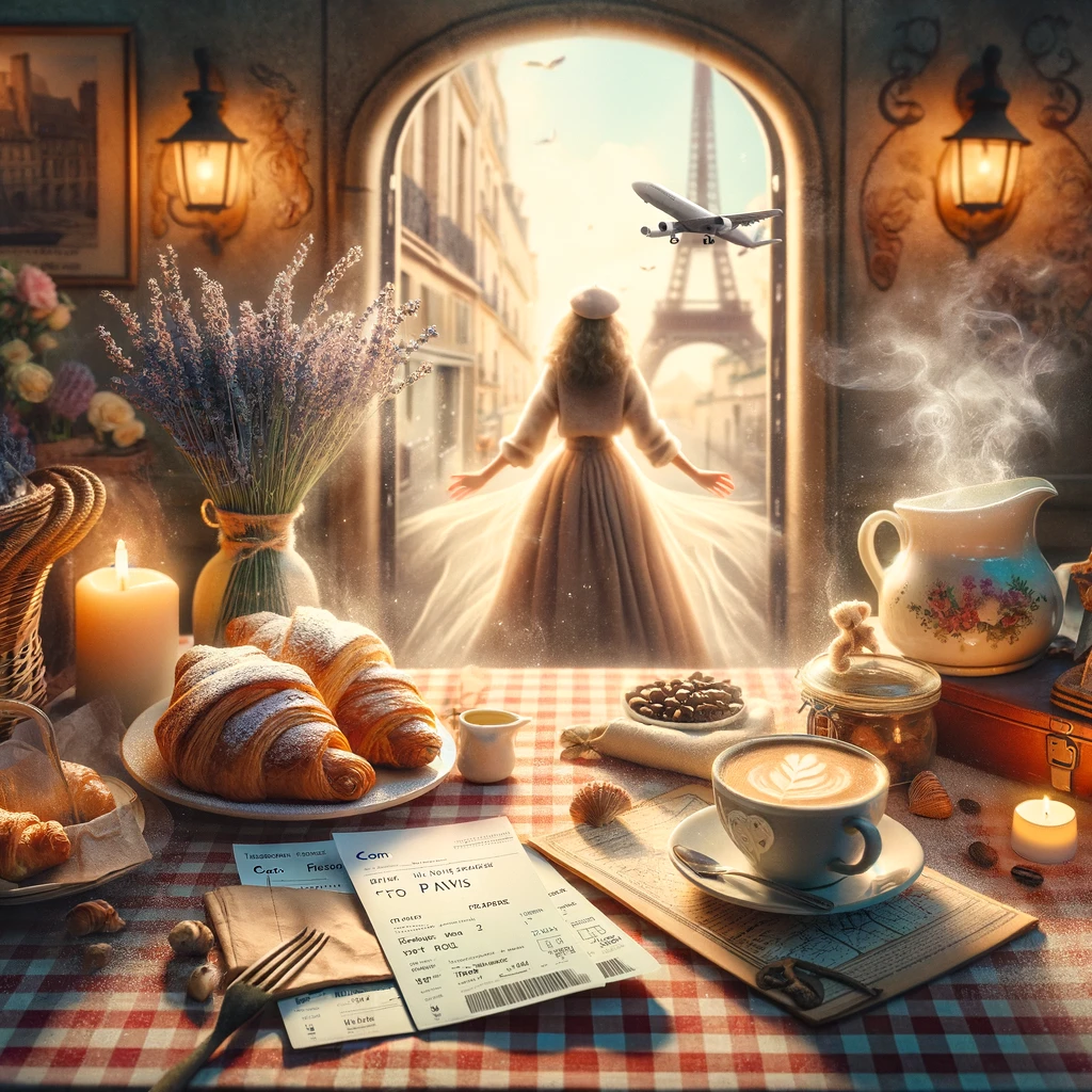 A-whimsical-and-romantic-Parisian-scene-perfect-for-a-surprise-trip-reveal-blog-post.-The-setting-includes-a-cozy-breakfast-table