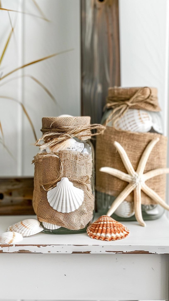 sea shells glued to a fabric on a mason jar