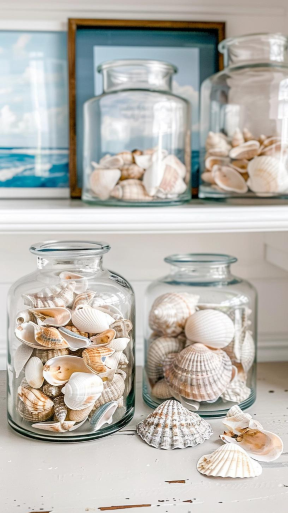 sea shells in different sized glass jars